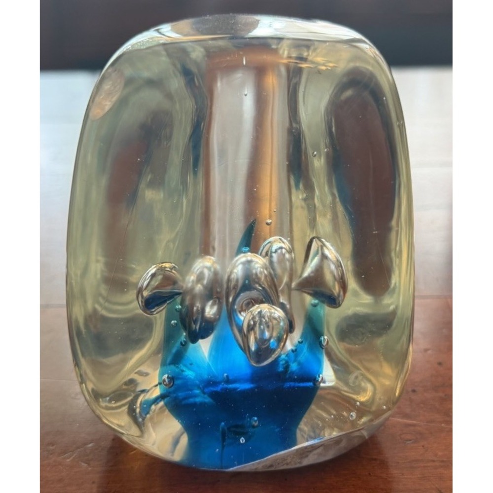 Vintage Hand-Blown Art Glass Block Paperweight - Abstract Blue Fountain‎ Design